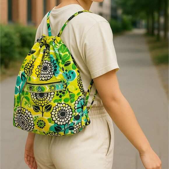Vera Bradley Limes Lime Up Drawstring Backpack Tote Bag Travel School Retired - Picture 1 of 16